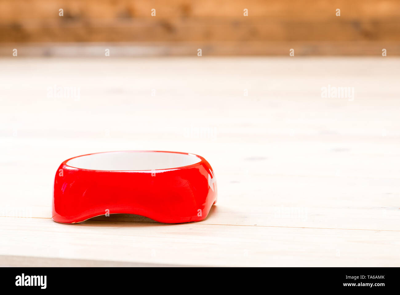 Vuoto rosso gatto ciotola sul pavimento della casa, spazio sulla parte superiore Foto Stock