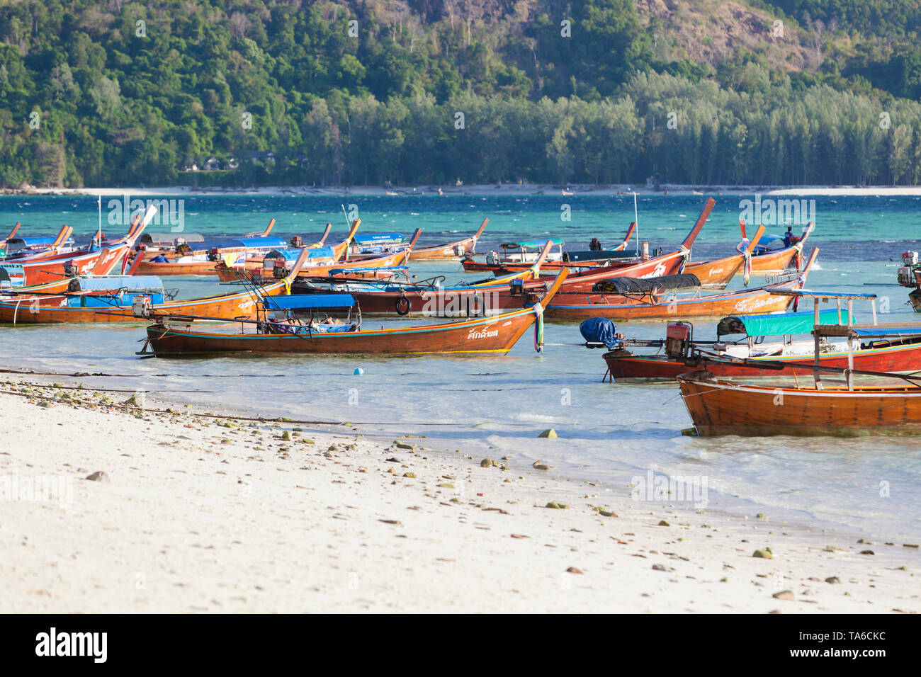 Longtail barche affollano la spiaggia, Ko Lipe island, Thailandia Foto Stock