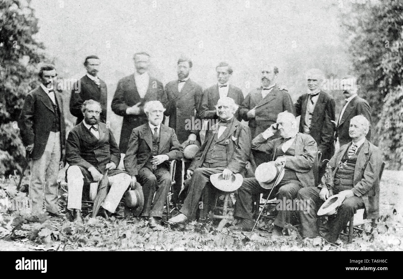 Generale Lee e i suoi ufficiali confederati nel loro primo incontro dopo Appomattox, Agosto 1869. Foto Stock