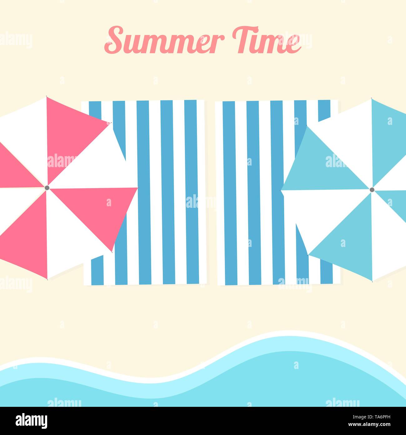 Due asciugamani e umbrelas sulla spiaggia. Illustrazione Vettoriale Illustrazione Vettoriale