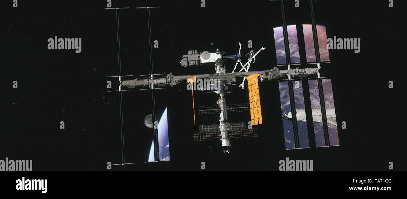 Stazione spaziale internazionale ISS davanti a terra con specchio riflessi di luna e Blue Marble messa a terra Foto Stock