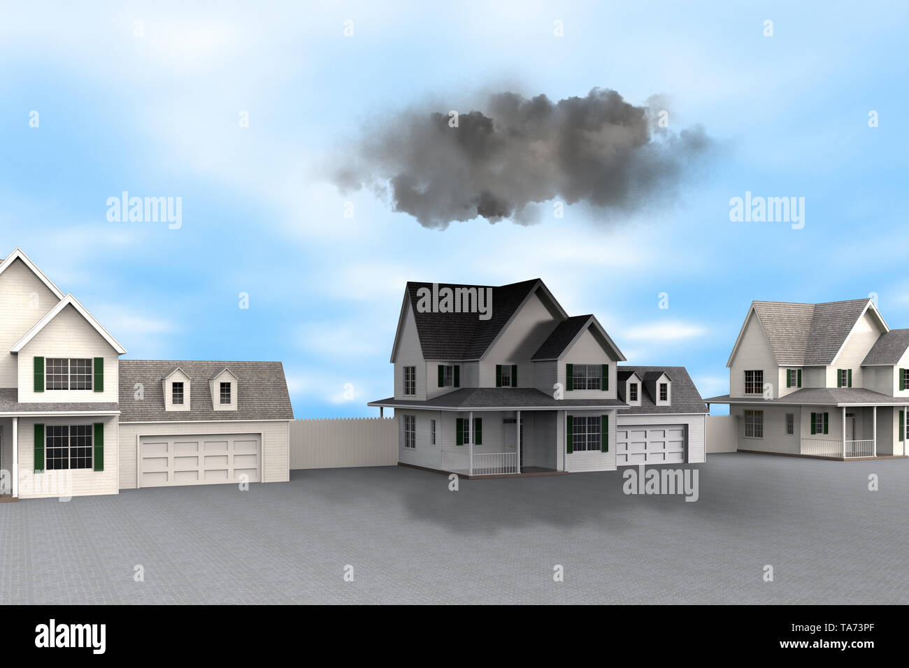 3D rendering di una rappresentazione concettuale della sfortuna con nuvole scure su house Foto Stock