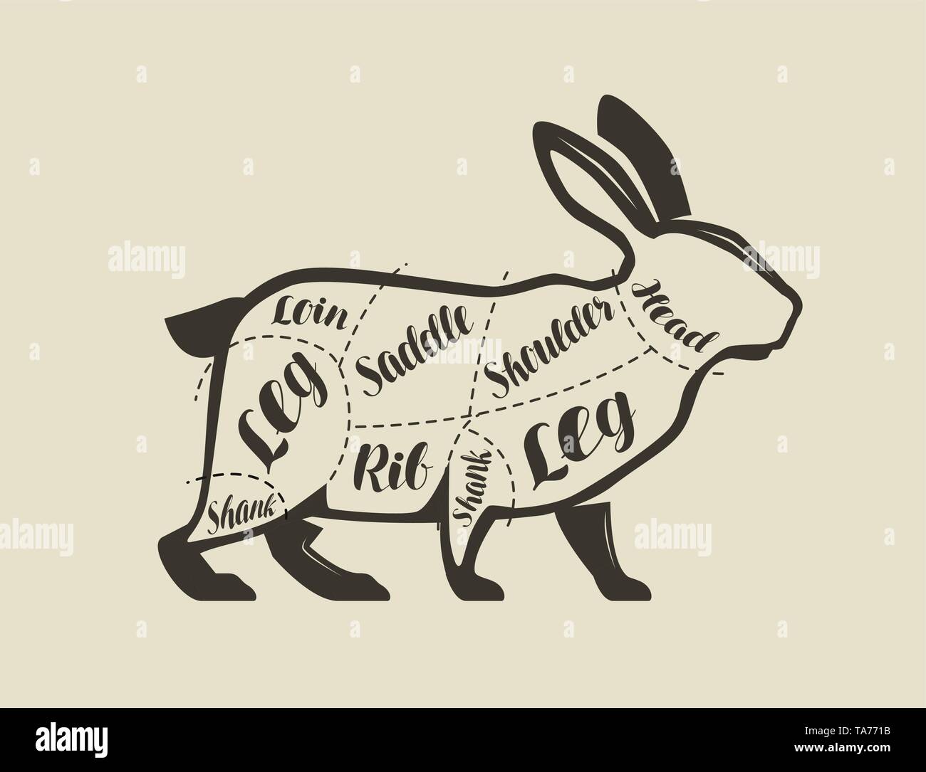 Il taglio di carne di coniglio. Menu per il ristorante o negozio di macellaio. Vector vintage Illustrazione Vettoriale