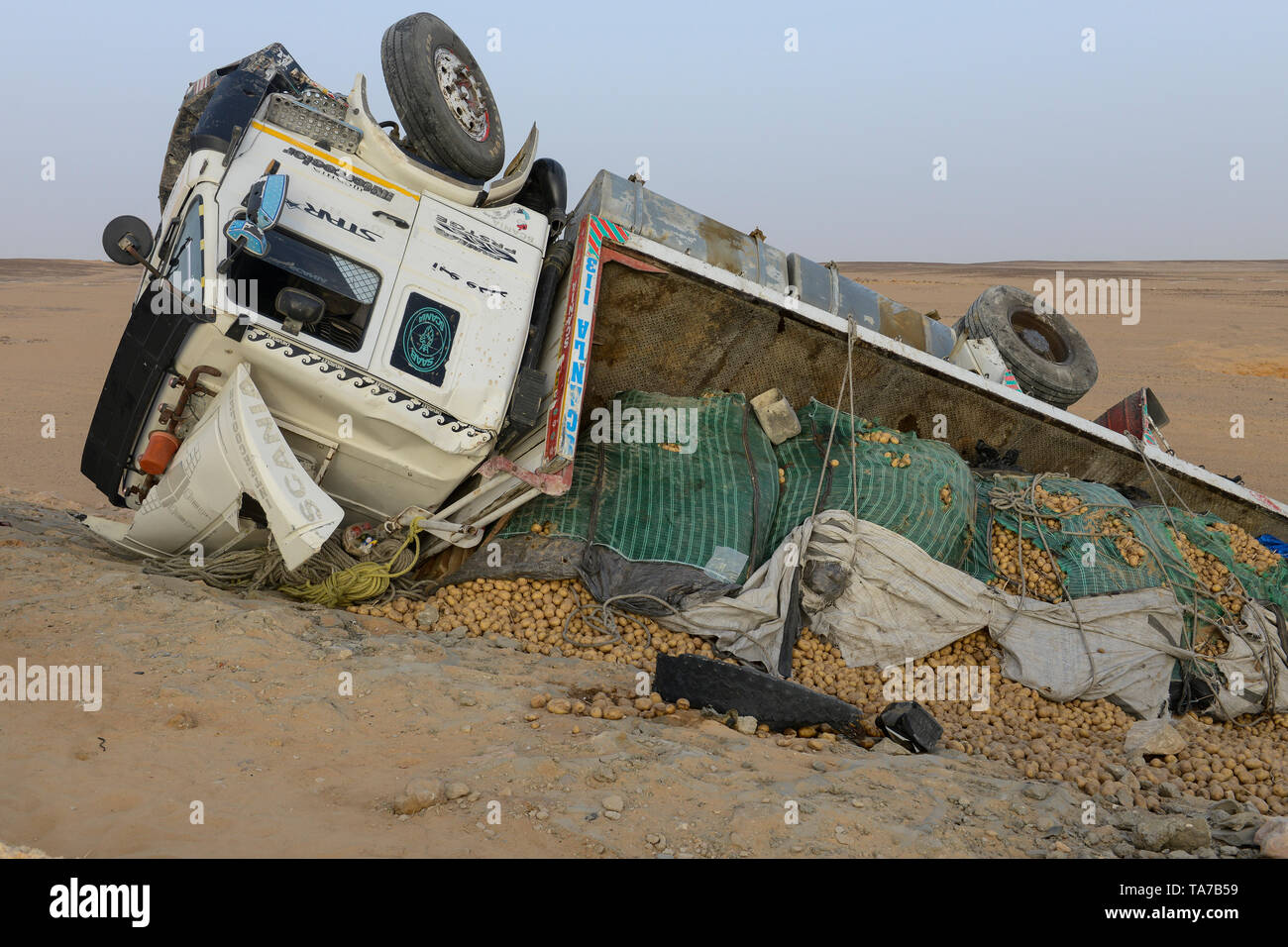 Egitto, Farafra, deserto allevamento, trasporto con autocarro patate dal deserto alle aziende agricole di Cairo, carrello incidente Foto Stock