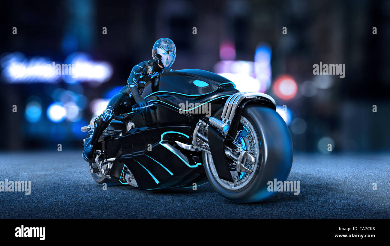 Biker ragazza con casco a cavallo di un sci-fi bike, donna su nero motocicletta avveniristica nella città di notte street, rendering 3D Foto Stock