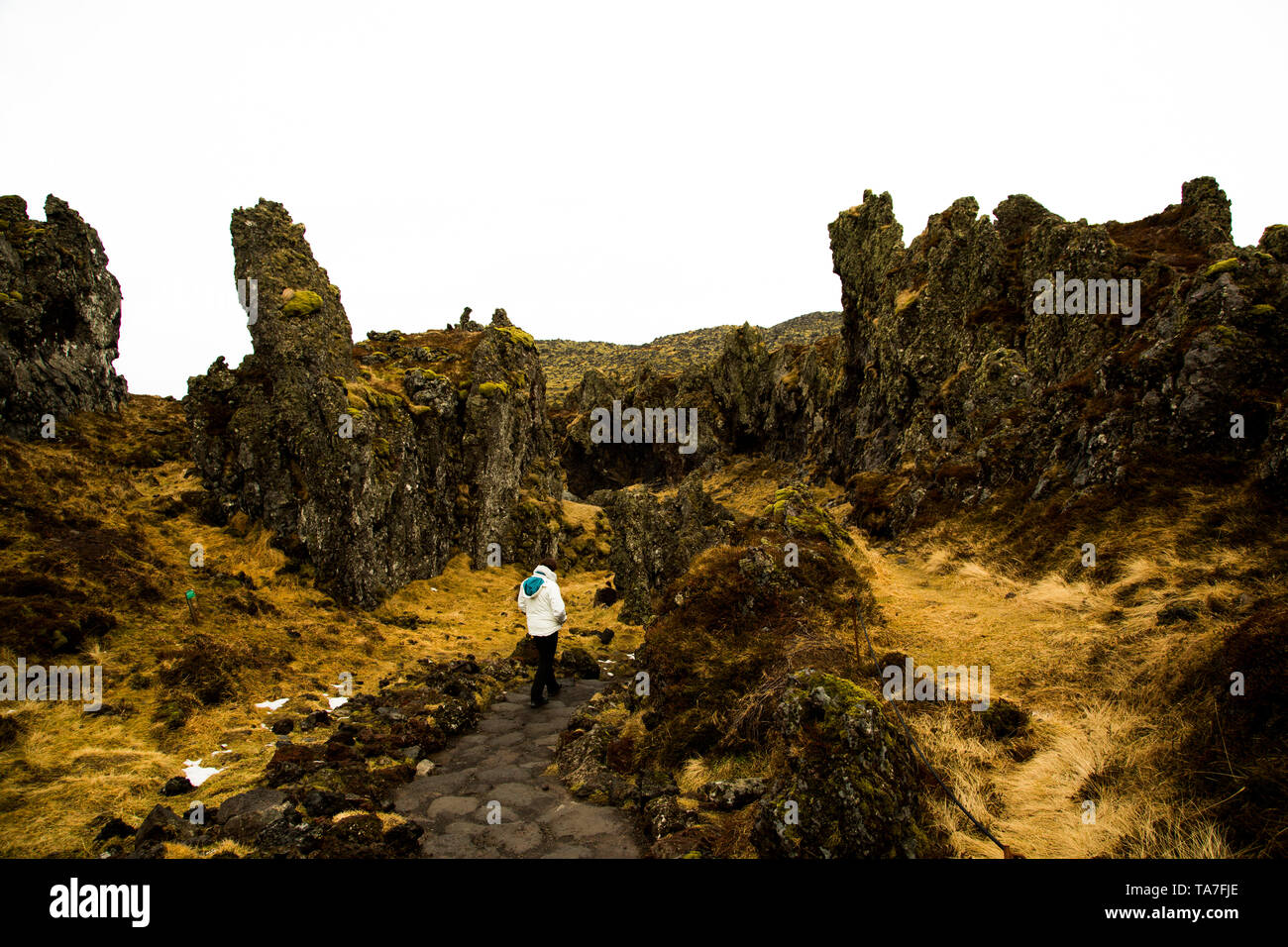 La donna si aggira attraverso la pietra lavica formazioni in inverno in Islanda Foto Stock