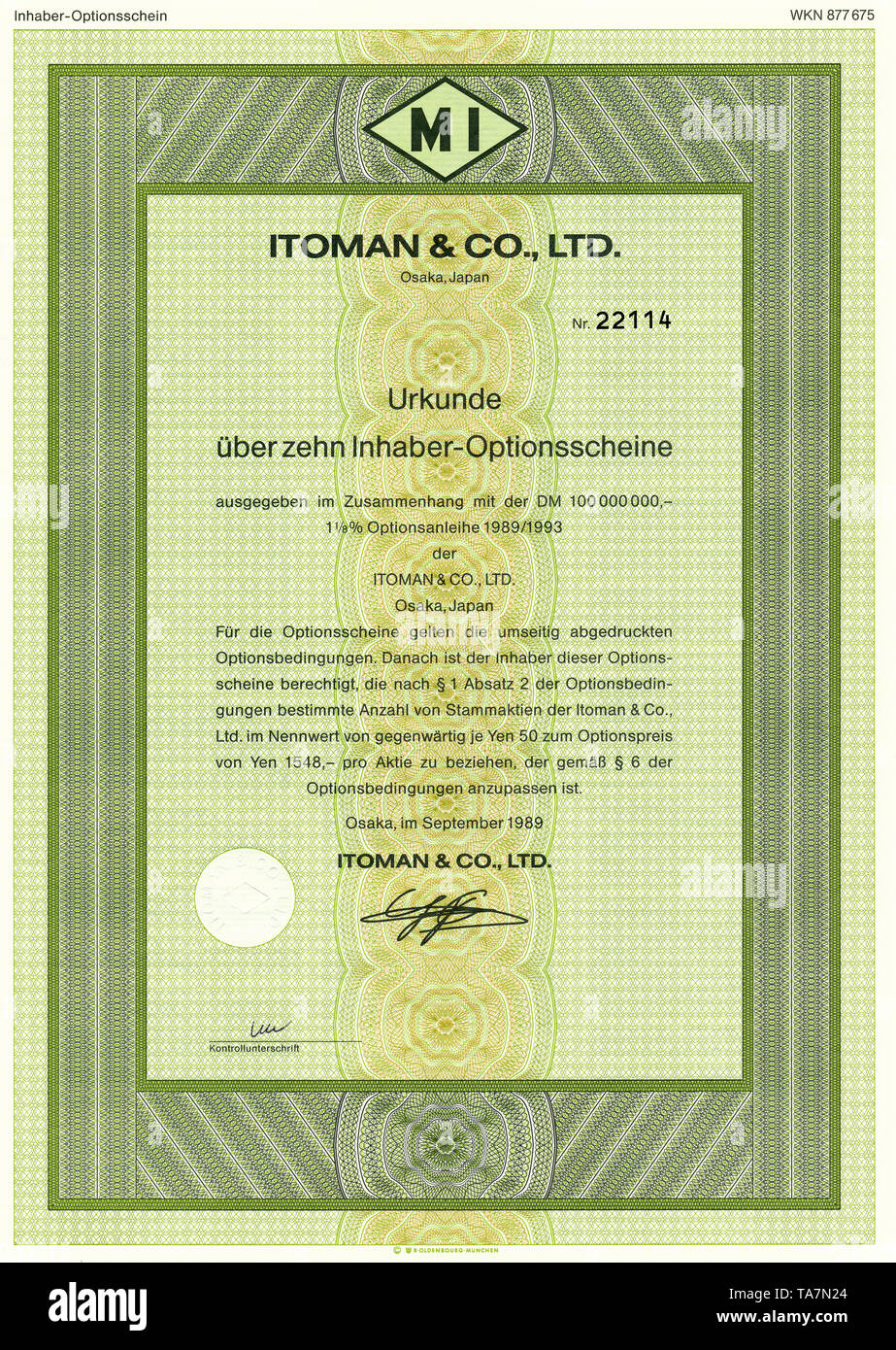 Historic Stock certificato, certificato di titoli al portatore, warrant, Historisches Wertpapier, japanischer Inhaber-Optionsschein, Itoman & Co., Ltd., 1989, Osaka, Giappone Foto Stock