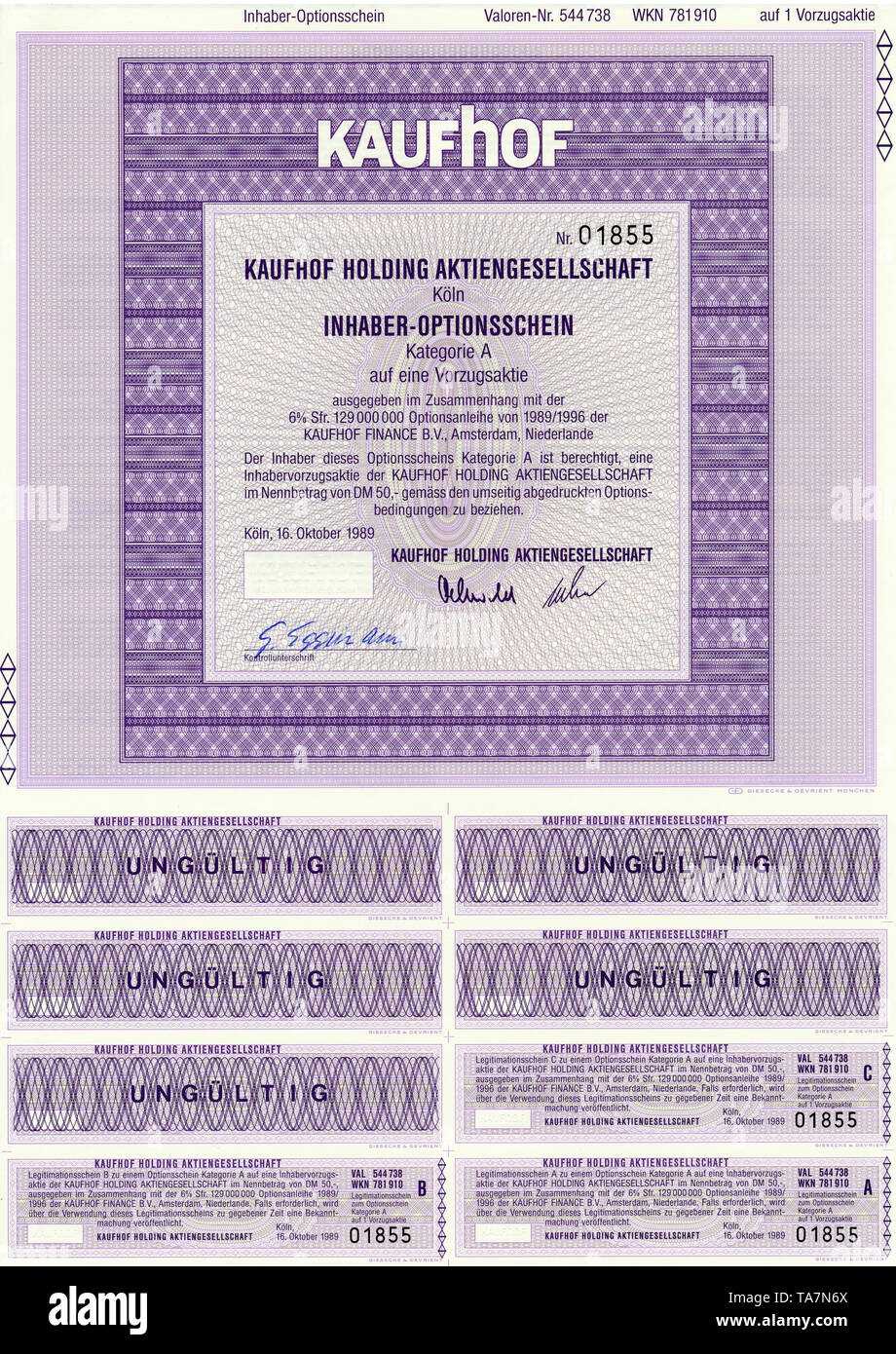 Historic Stock certificato, certificato di titoli al portatore, warrant, Germania, Historisches Wertpapier, Inhaber-Optionsschein, Kaufhof Holding Aktiengesellschaft, 1989, Köln, Deutschland, Europa Foto Stock
