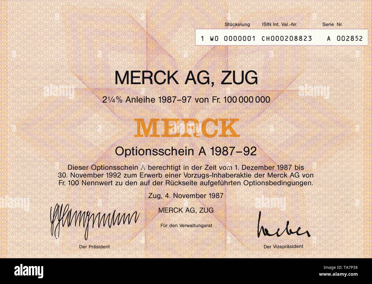 Historic Stock certificato, certificato di titoli al portatore, warrant, industria chimica e farmaceutica, Wertpapier, Inhaber-Optionsschein, Schweizer Franken, Chemie- und Pharmaindustrie, Merck AG, Zugo, 1987, Schweiz, Europa Foto Stock