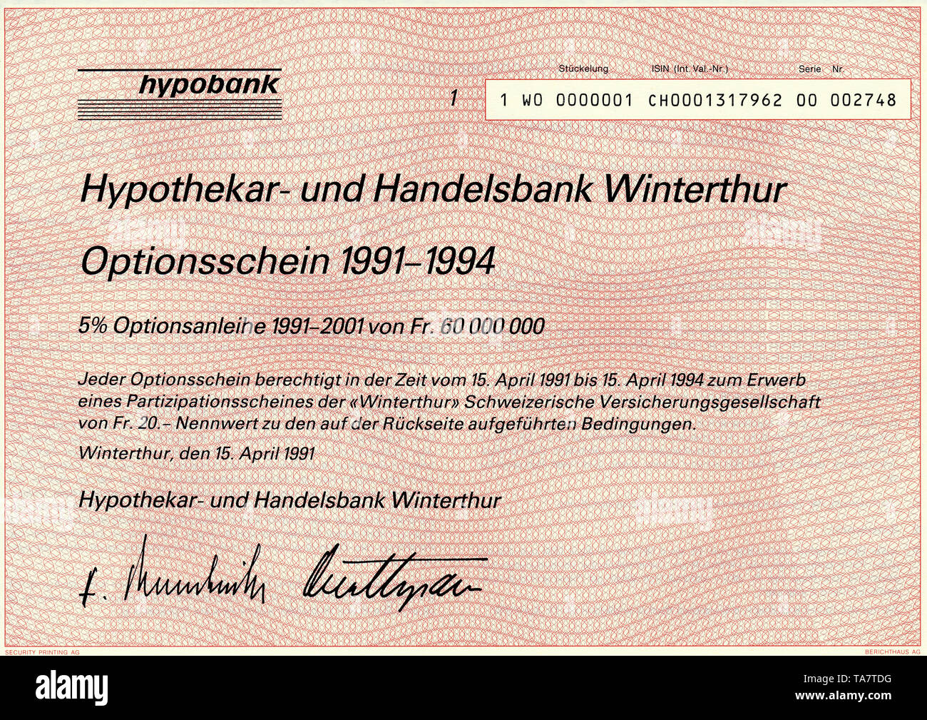 Historic Stock certificato, certificato di titoli, portatore garantisce,Historisches Wertpapier, Inhaber-Optionsschein über 20 Schweizer Franken, 1991, Hypobank, Hypothekar- und Handelsbank Winterthur, Svizzera, Europa Foto Stock
