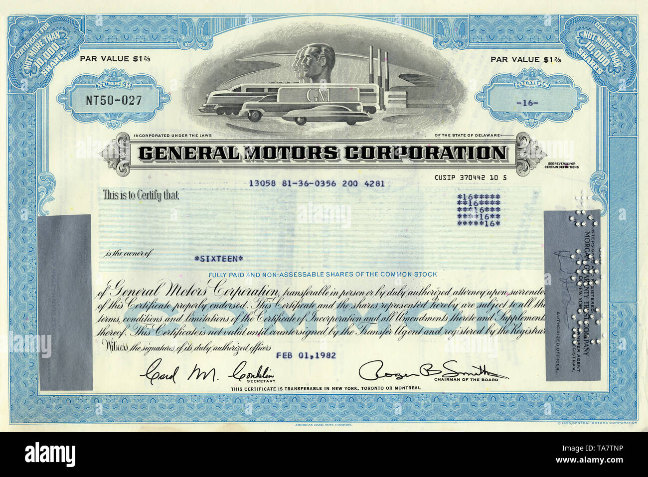 La quota storica certificato, General Motors Corporation, GM, car company, Delaware, 1982, STATI UNITI D'AMERICA, Historische Aktie, Gerneral Motors Corporation, GM, Automobilkonzern, Delaware, 1982, STATI UNITI D'AMERICA Foto Stock