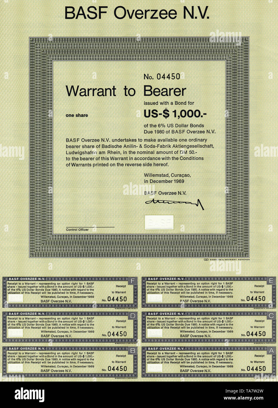 Historic Stock certificato, certificato di titoli al portatore, warrant, Inhaber-Optionsschein für Aktien der BASF Overzee N.V., Willemstad, Curacao, Niederländische Antillen, 1969 Foto Stock