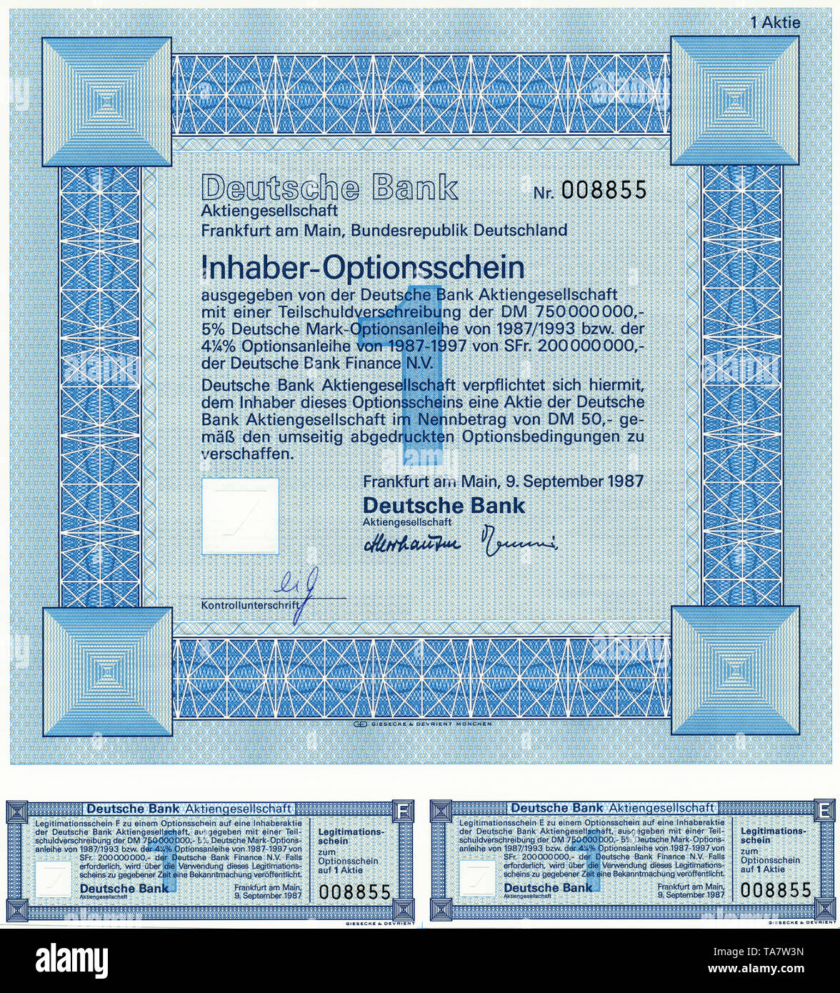 Historic Stock certificato, certificato di titoli al portatore, warrant, Germania, Inhaber-Optionsschein für Aktien von der Deutschen Bank AG, Frankfurt a.M., Deutschland, 1987 Foto Stock