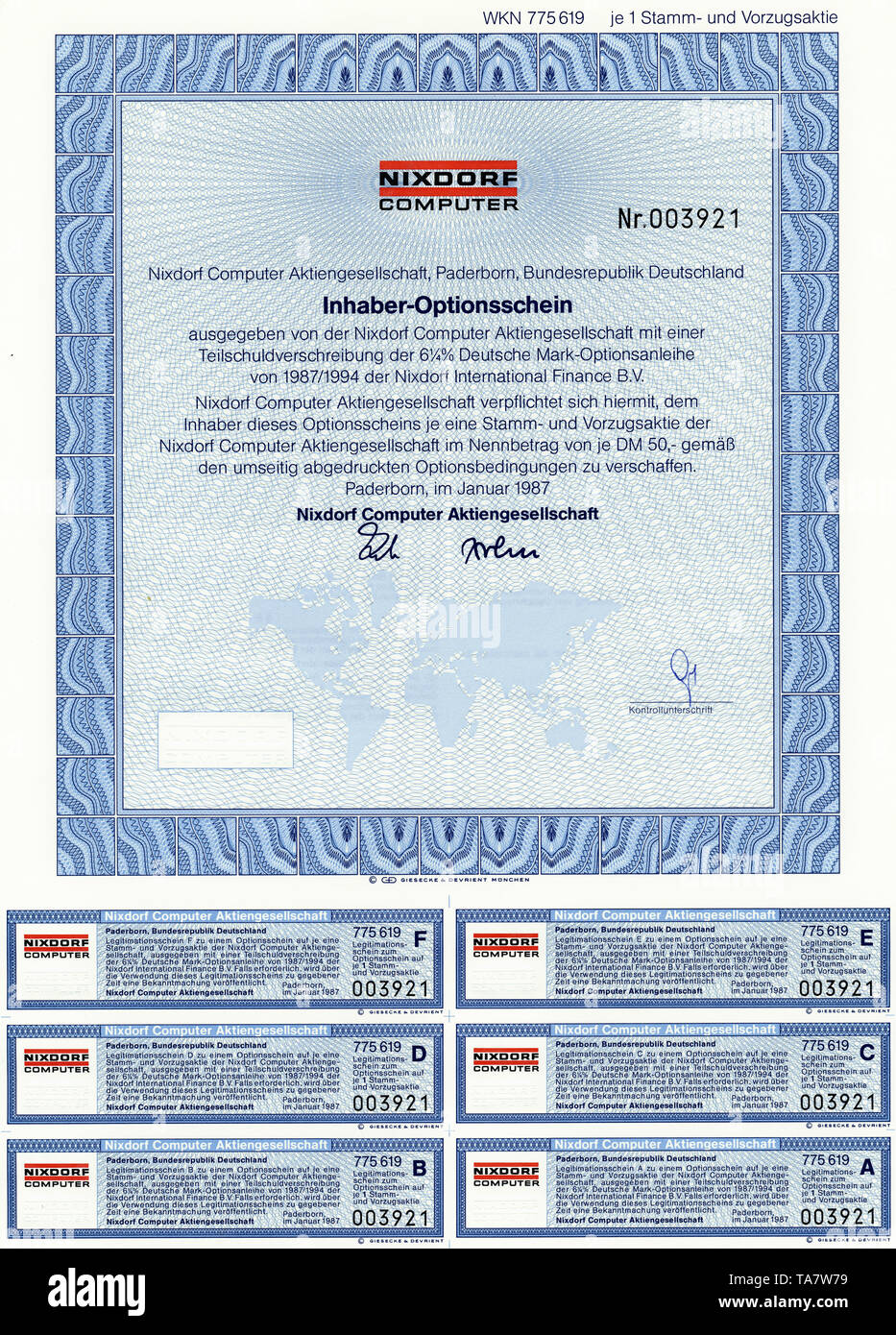 Historic Stock certificato, certificato di titoli al portatore, warrant, Germania, Inhaber-Optionsschein für Aktien der Nixdorf Computer AG, Paderborn, Deutschland, 1987 Foto Stock
