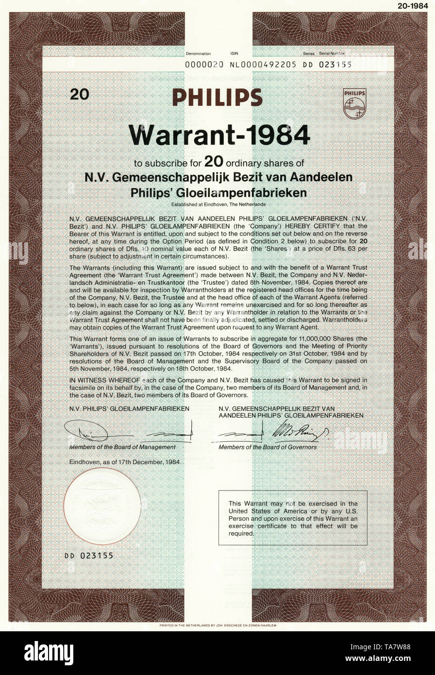 Historic Stock certificato, certificato di titoli al portatore, warrant, Inhaber-Optionsschein für Aktien DER N.V. Gemeenschppelijk Bezit van Aandeelen, Philips' Gloeilampenfabrieken, Eindhoven, 1984, Niederlande Foto Stock