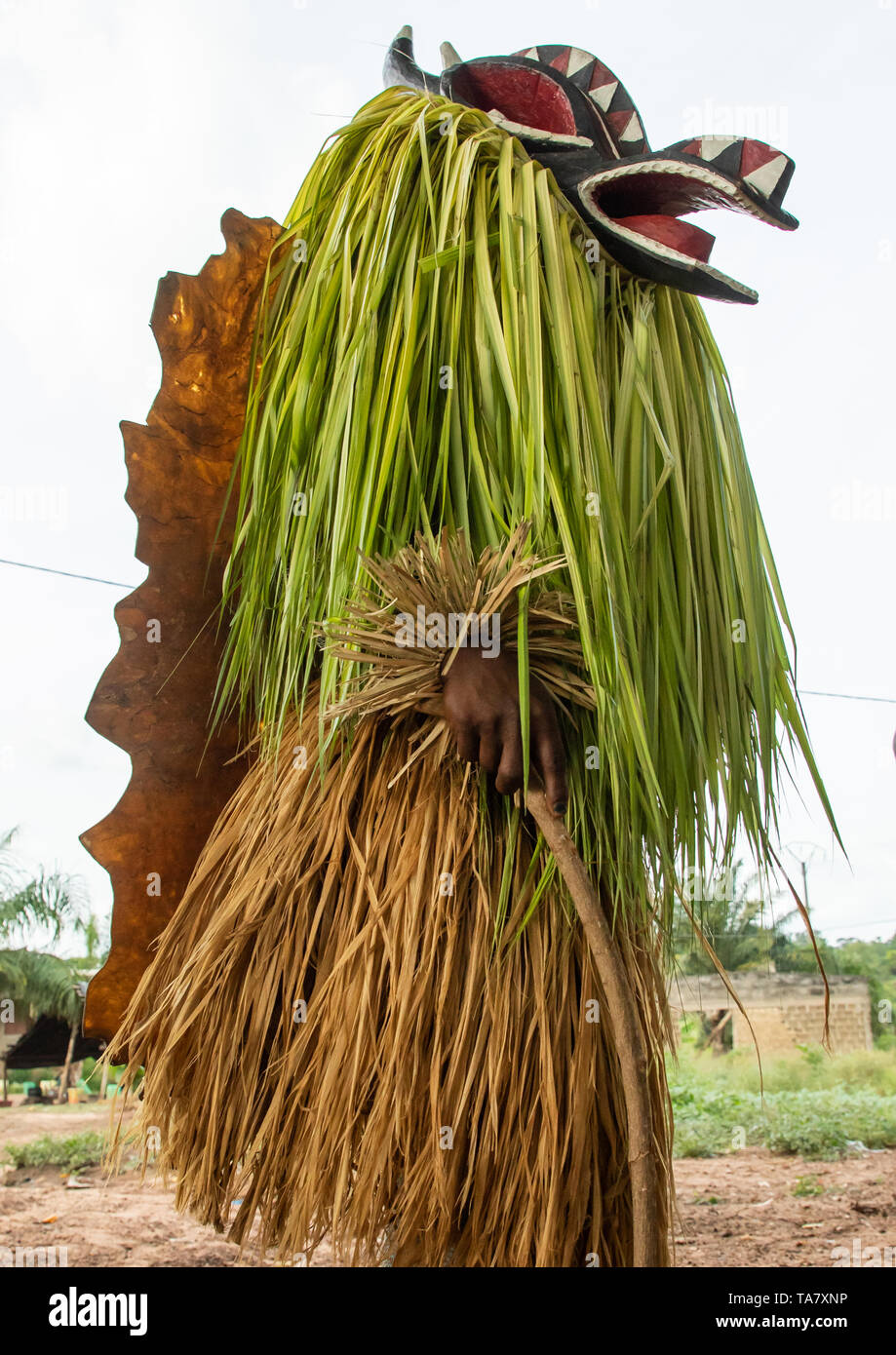 Goli sacro maschera nel baule tribù in arrivo in una cerimonia, Région des Lacs, Bomizanbo, Costa d'Avorio Foto Stock