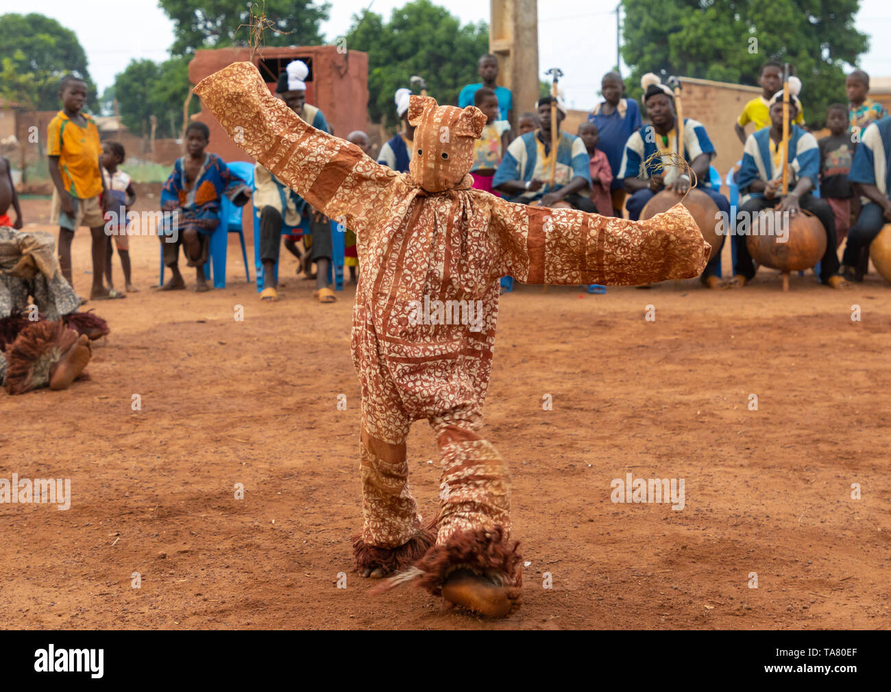 Boloye danza della pantera uomo eseguita da un bambino nella comunità Senufo, Savanes distretto, Waraniene, Costa d'Avorio Foto Stock