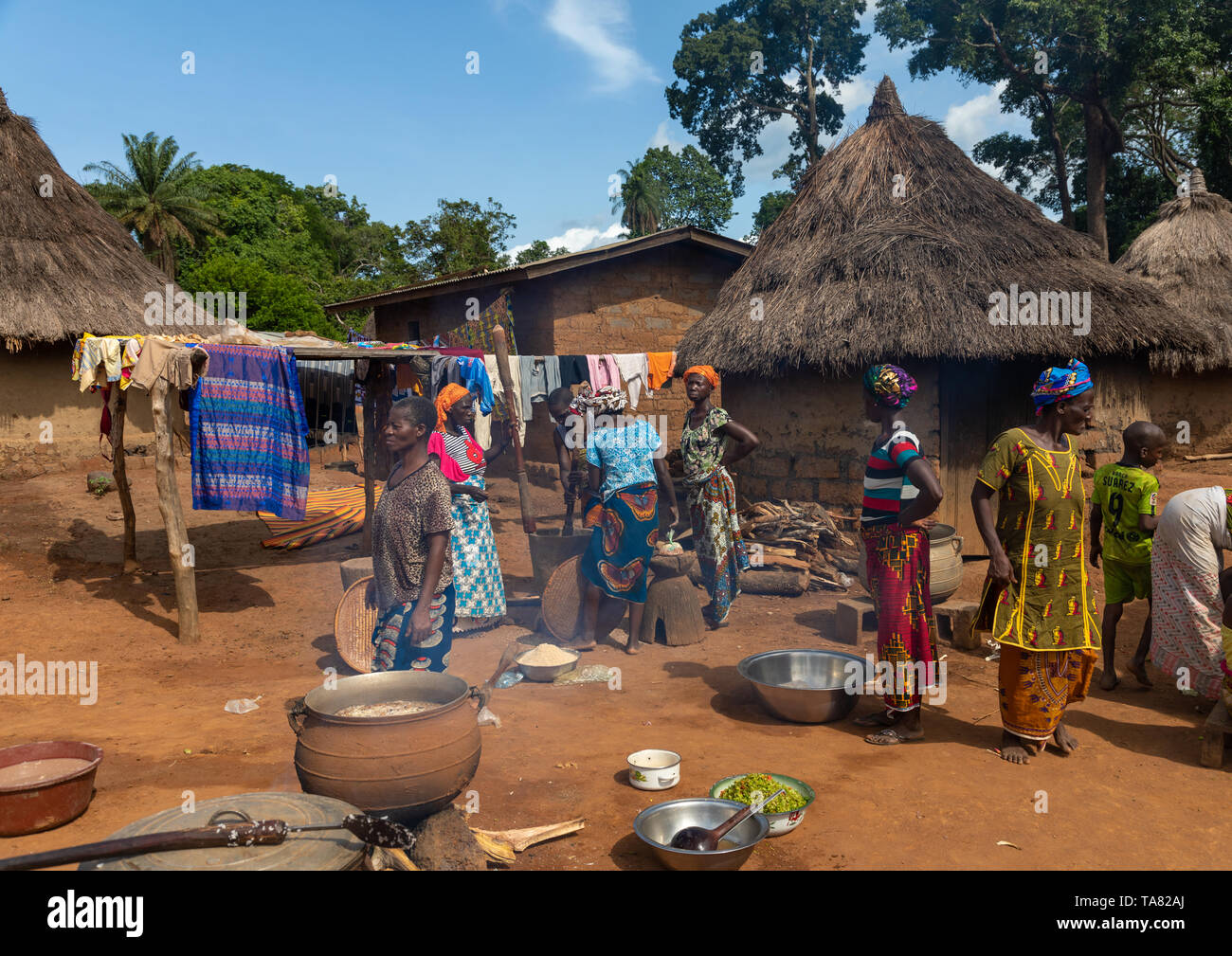 Le donne africane per la cottura in un villaggio, Bafing, Gboni, Costa d'Avorio Foto Stock