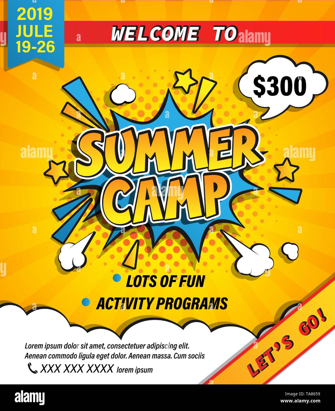 Summer Camp invito banner. Illustrazione Vettoriale