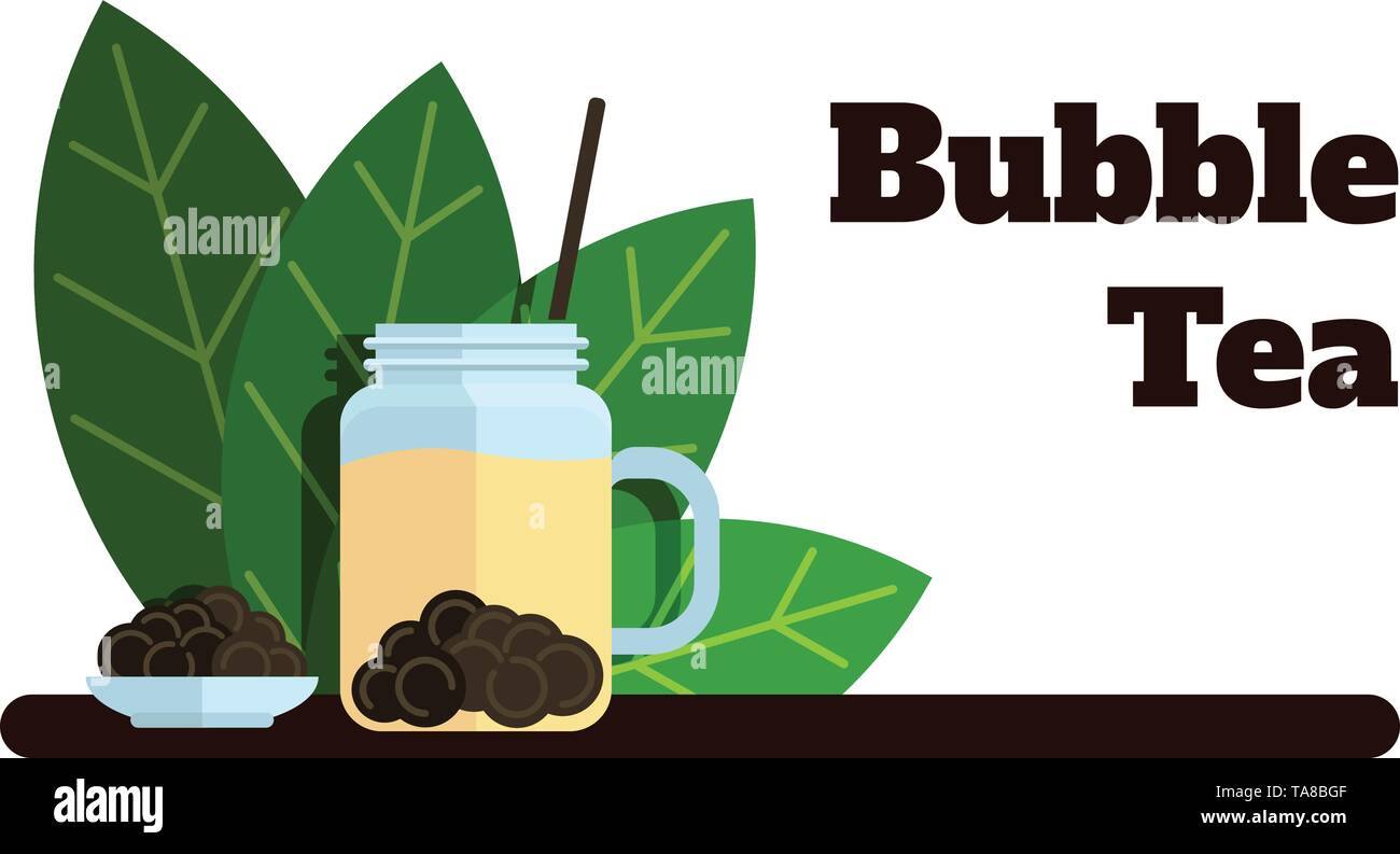 Bubble tea banner con foglie di tè. Vettore di etichette piatte Illustrazione Vettoriale