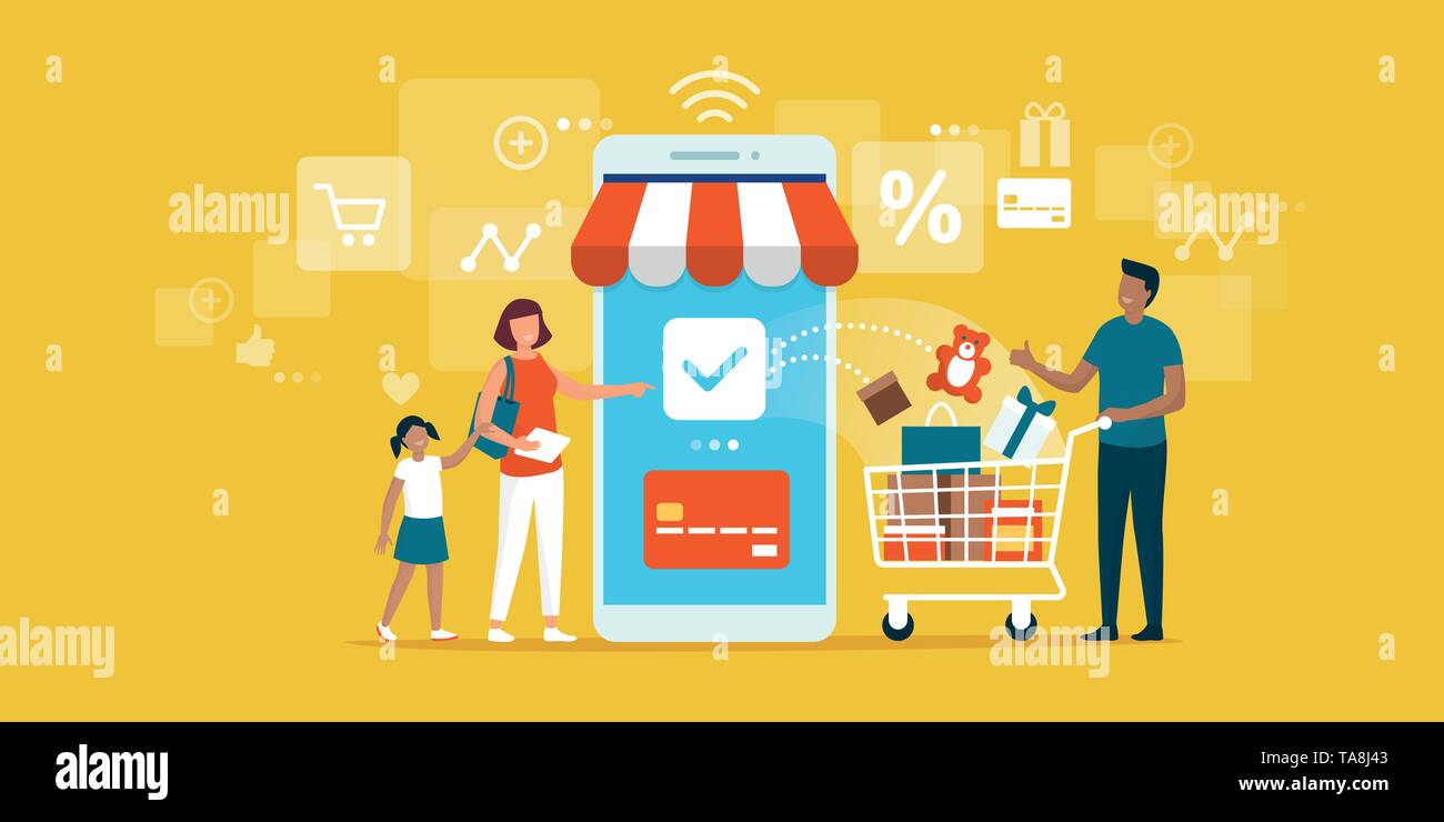 La famiglia felice di fare la spesa online con un mobile app sui loro smartphone, l'uomo è in possesso di un carrello della spesa con i prodotti e la donna è ma Illustrazione Vettoriale