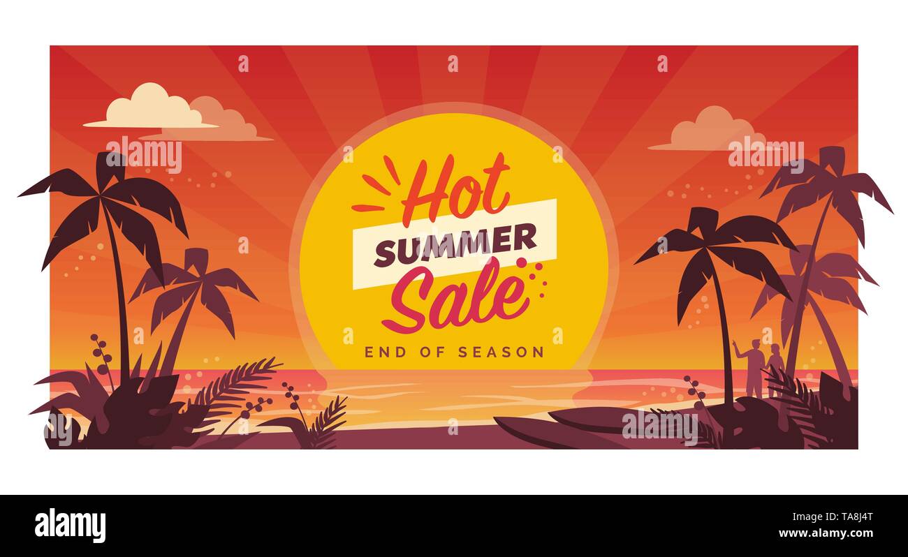 Promozione estate calda vendita banner con spiaggia tropicale al tramonto, stagionali il concetto di shopping Illustrazione Vettoriale