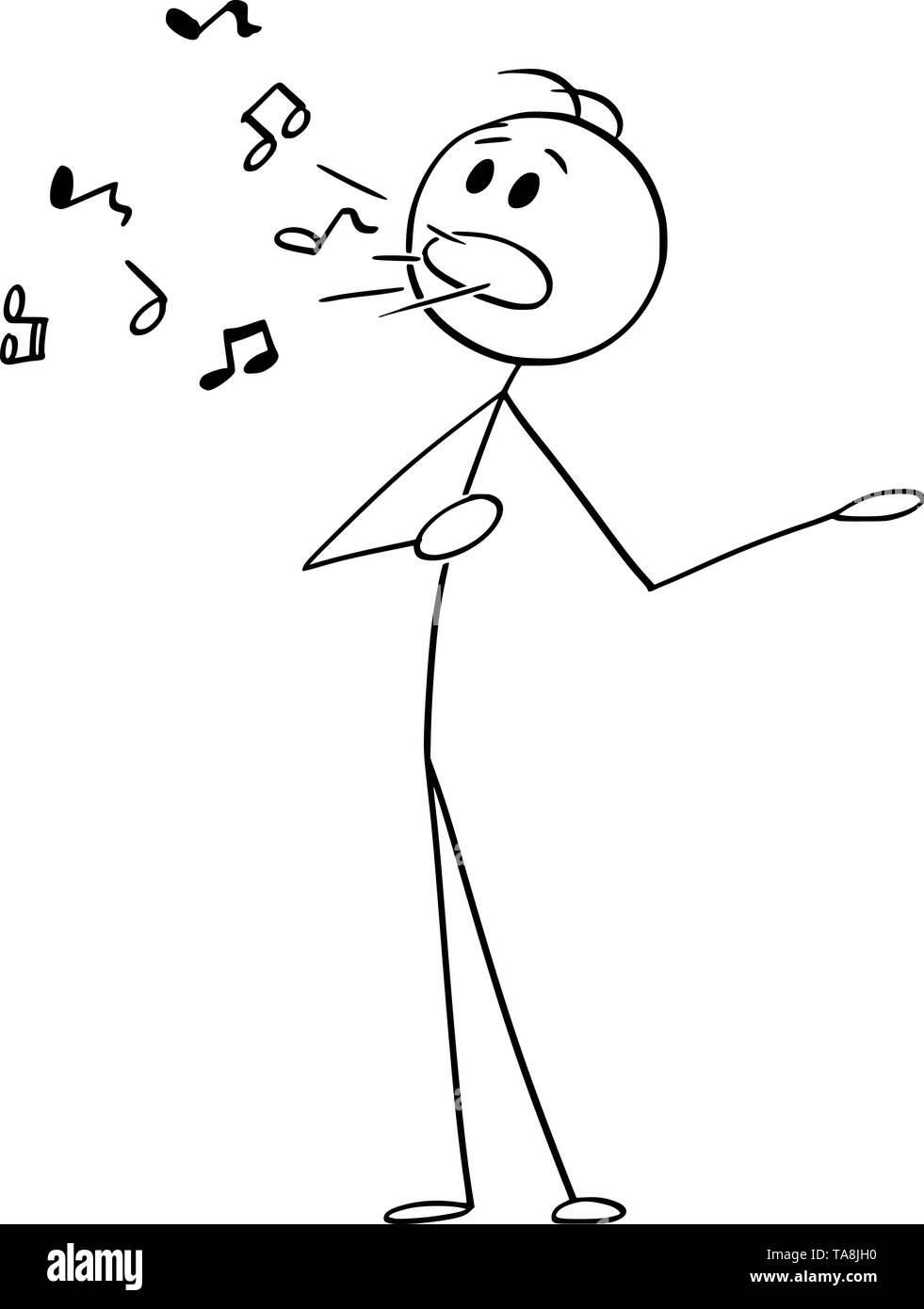 Vector cartoon stick figura disegno illustrazione concettuale dell'uomo o cantante cantando con note musicali provenienti dalla sua bocca. Illustrazione Vettoriale