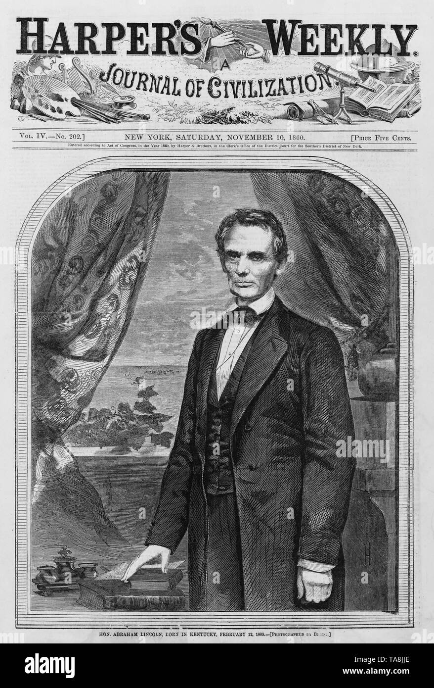 L'on. Abraham Lincoln, nato nel Kentucky, 12 febbraio 1809 (fotografata da Brady), Copertura di Harper's rivista settimanale, 10 novembre 1860 Foto Stock