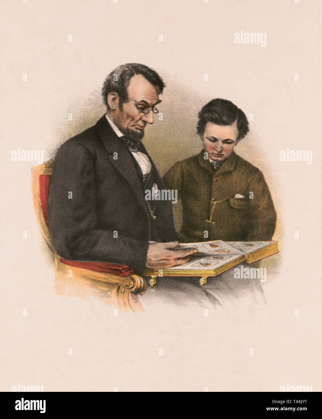 Abraham Lincoln e suo figlio Thad, litografia creato a partire da una fotografia da Anthony Berger, pubblicato da L. Prang, Boston, Massachusetts, 1864 Foto Stock