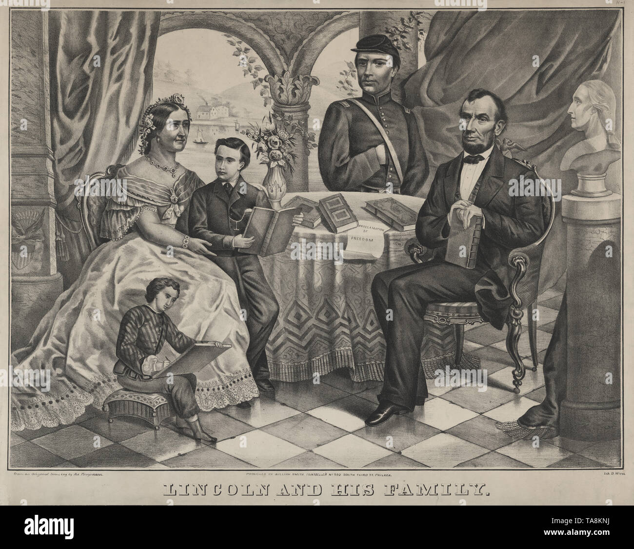 Lincoln e la sua famiglia, Ritratto di Abraham Lincoln con la moglie Mary Todd Lincoln (seduto a sinistra) e figli Willie (in piedi con Maria), Robert (centro permanente) e Thomas (seduto a sinistra), litografia da D. Weist da un disegno di annuncio. Biegmann, Pubblicato da William Smith, 1860's Foto Stock