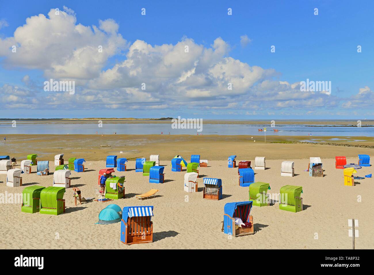Spiaggia Spiaggia di sabbia con colorate sedie da spiaggia in Utersum, Fohr, Mare del Nord, Nord Frisone Isola, Frisia settentrionale, Schleswig-Holstein, Germania Foto Stock