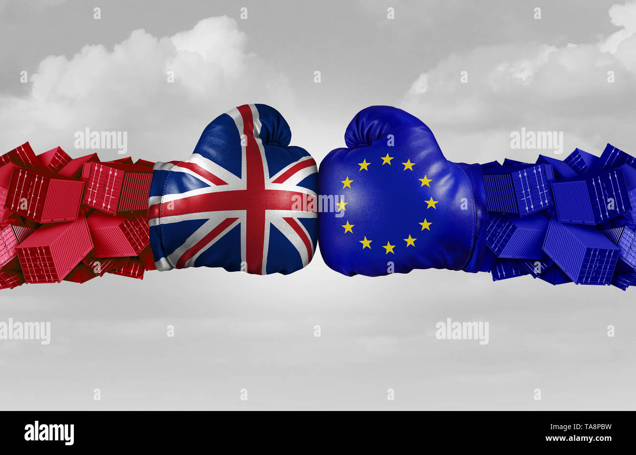 Il Regno Unito e il commercio UE sfida e conflitto con due opposti ai partner commerciali come un economico le importazioni e le esportazioni brexit controversia concetto. Foto Stock