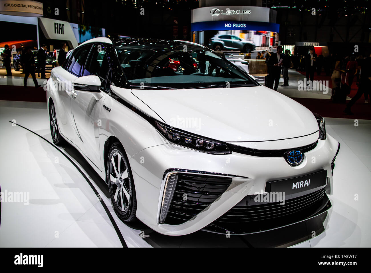 Ginevra, Svizzera, Marzo 05, 2019: Toyota Mirai a Ginevra International Motor Show di medie dimensioni cella a combustibile idrogeno auto prodotte da Toyota, Foto Stock