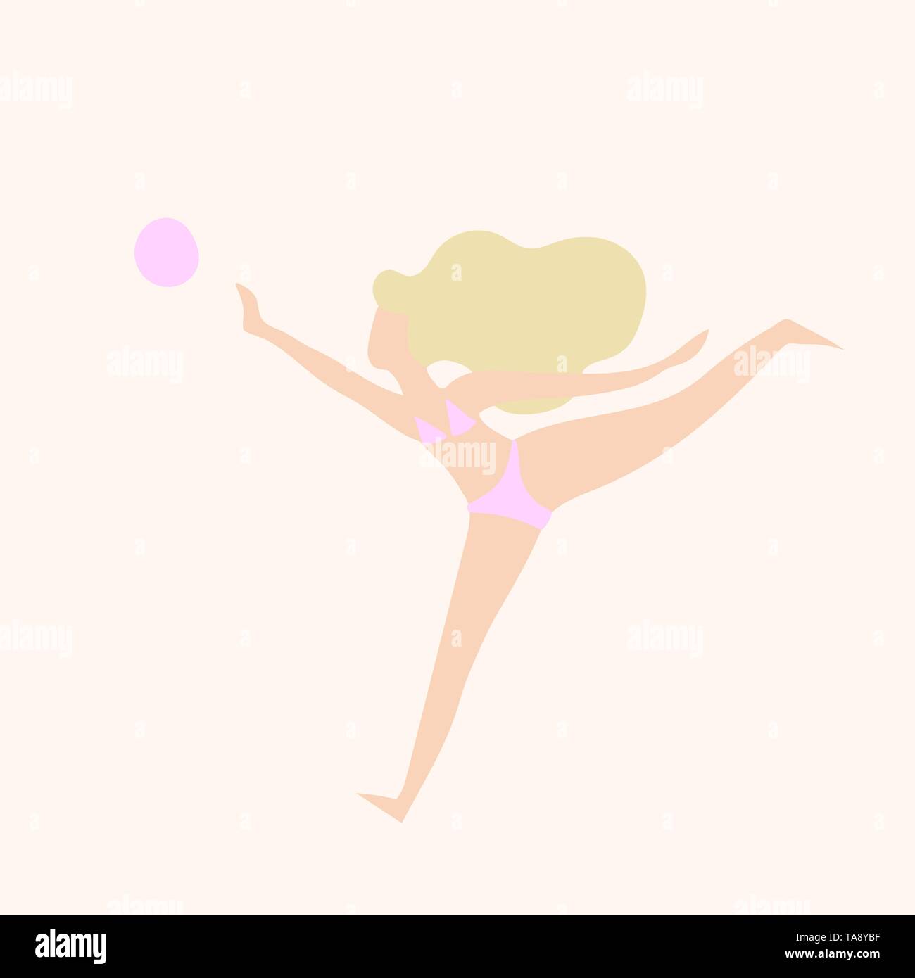 La donna gioca palla in costume da bagno sulla spiaggia piana illustrazione, femmina leisure su vacanze pop art, estate mare costumi da bagno moda, femminista vettore Illustrazione Vettoriale