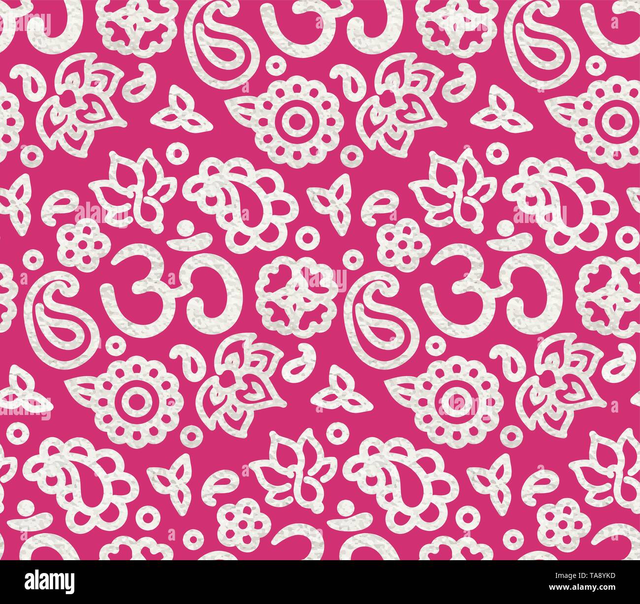 Modello senza cuciture con vernice argento foil ink OM Meditazione ornamento. Zen rosa rosso sfondo, disegnati a mano illustrazione. Illustrazione Vettoriale