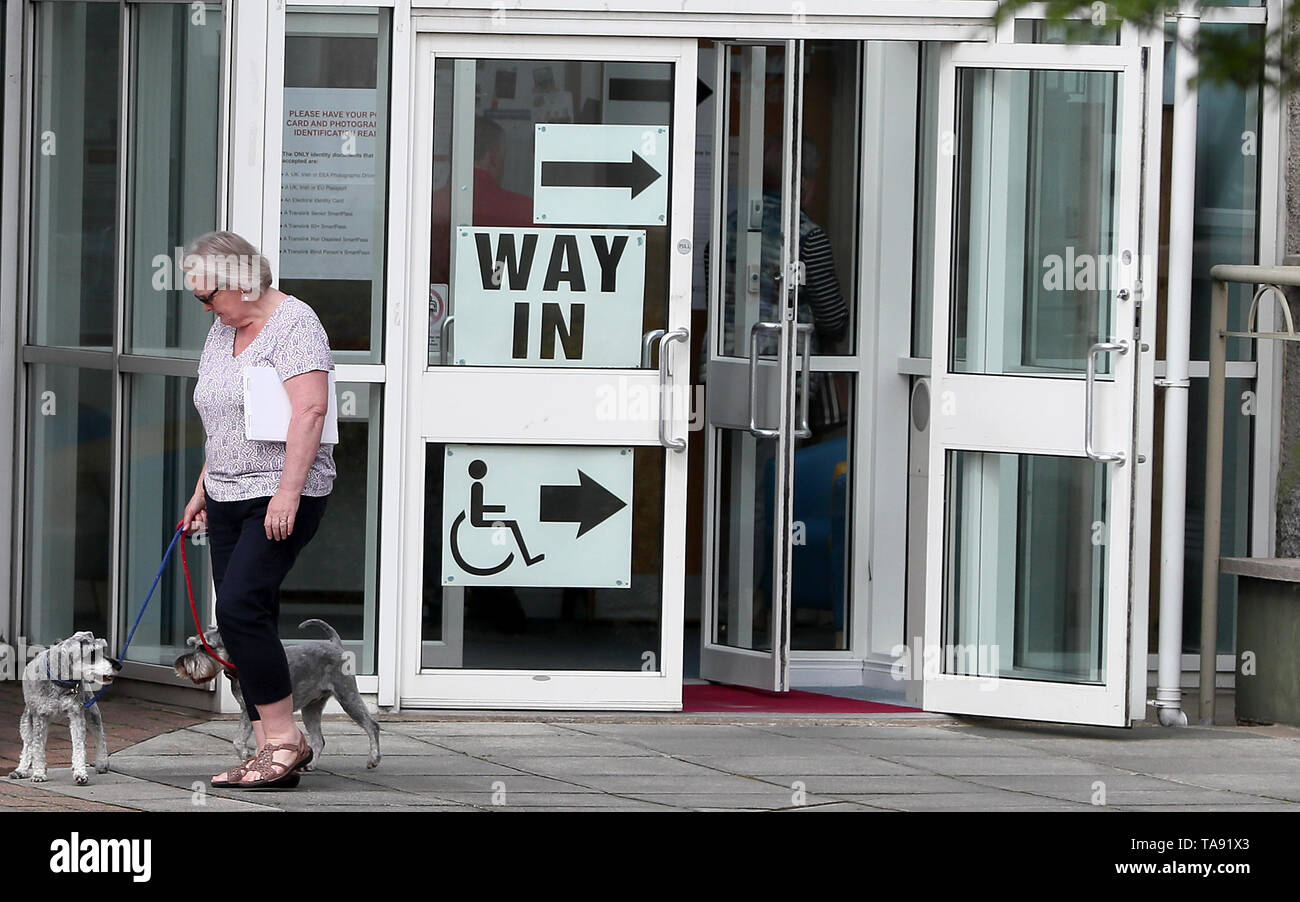 Una donna con i suoi cani a Bannside Chiesa Presbiteriana in Banbridge come persone attraverso il Regno Unito andare alle urne per votare alle elezioni del Parlamento europeo. Foto Stock