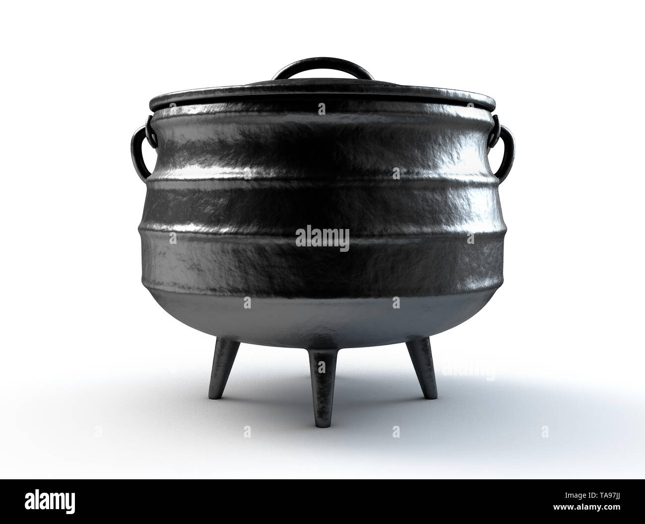 Un regolare ghisa potjie e il coperchio con il sudafricano nome e bandiera incisi su un isolato bianco di sfondo per studio - 3D render Foto Stock