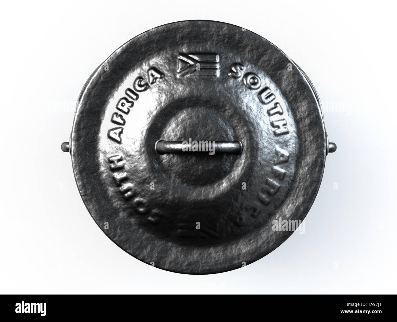 Un regolare ghisa potjie e il coperchio con il sudafricano nome e bandiera incisi su un isolato bianco di sfondo per studio - 3D render Foto Stock
