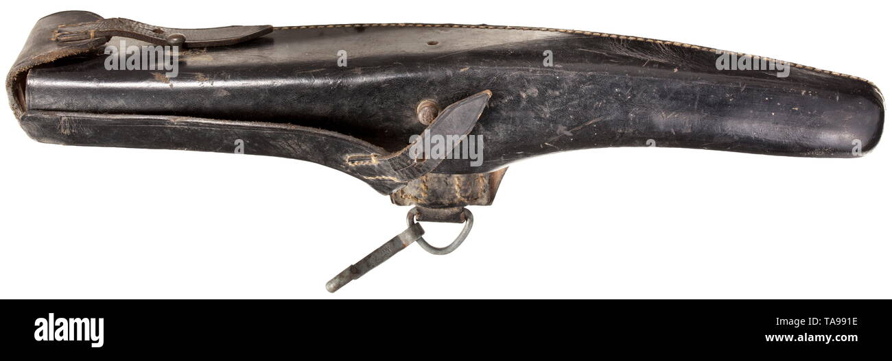 Una sacca per il piccone per il lungo strumento di consolidamento per pionieri Schwarze Ledertasche mit Befestigungskarabiner, Herstellerstempel "Eugen Huber München 1938' und Heeresabnahme. storica, storica del xx secolo, Editorial-Use-solo Foto Stock
