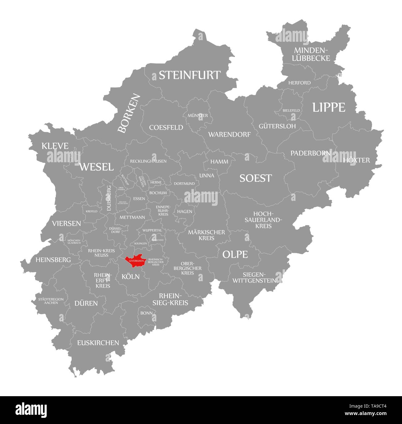 Leverkusen evidenziata in rosso nella mappa della Renania settentrionale-Vestfalia DE Foto Stock