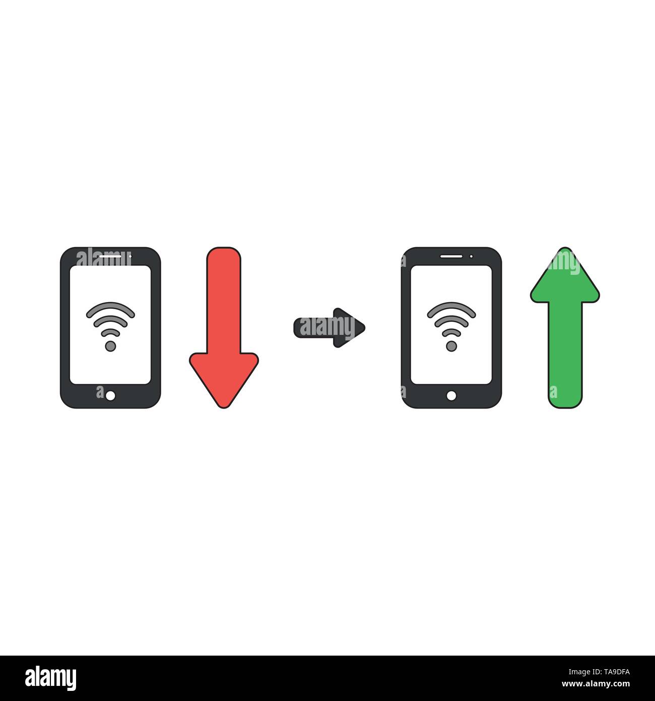 Icona vettore concetto di wireless wifi all'interno del simbolo smartphone con freccia in movimento verso il basso e verso l'alto. Contorni neri e colorati. Illustrazione Vettoriale