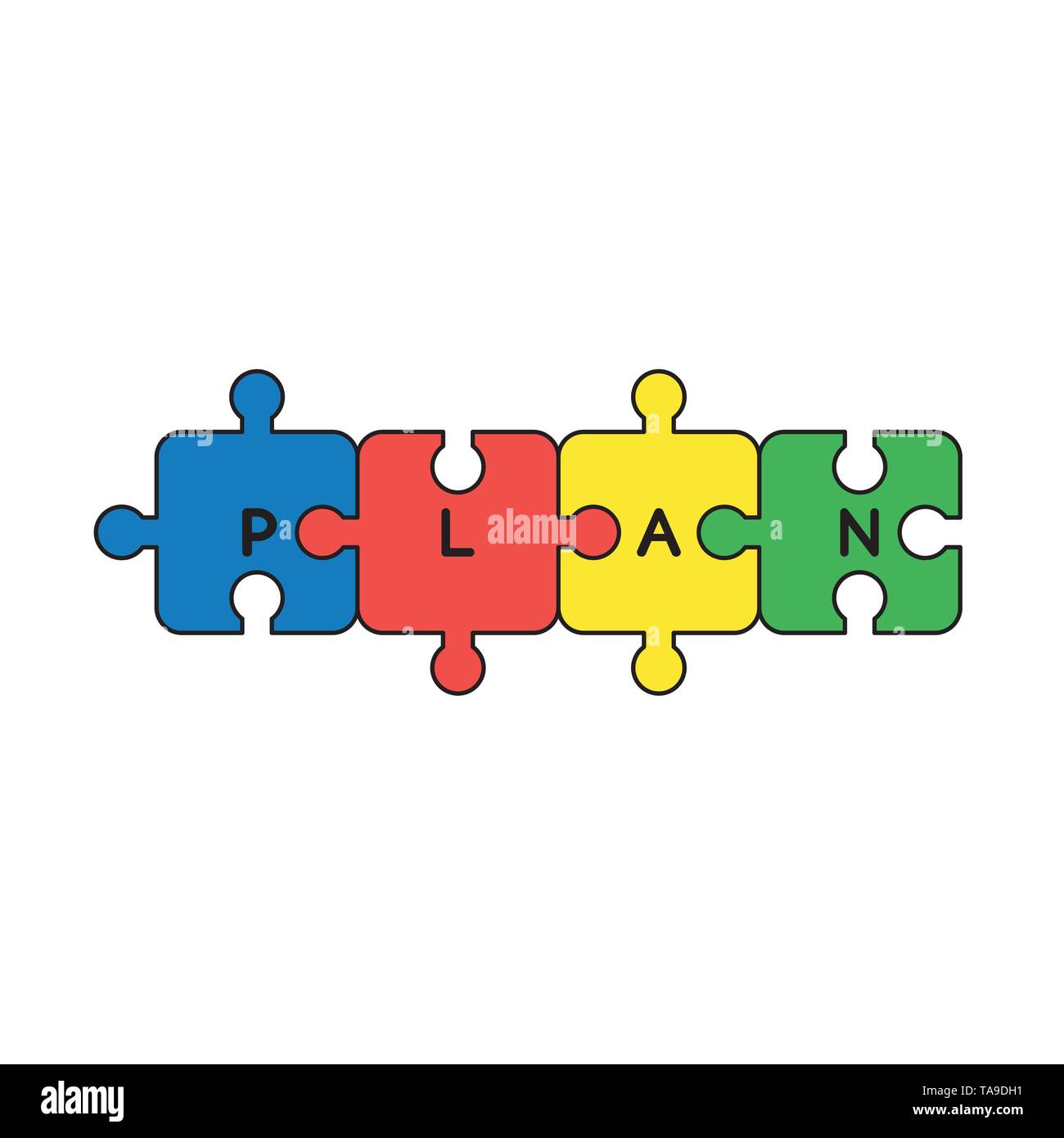 Icona vettore concetto di quattro piano collegato puzzle pezzi. Contorni neri e colorati. Illustrazione Vettoriale