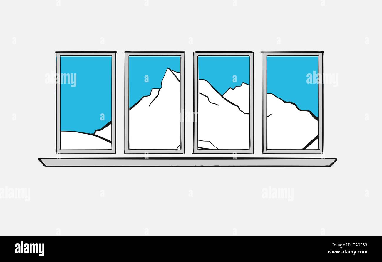 Le montagne alle spalle windows. Anelito per la montagna. Disegnato a mano arte vettoriale per architettura e progetti di comunicazione. Illustrazione Vettoriale