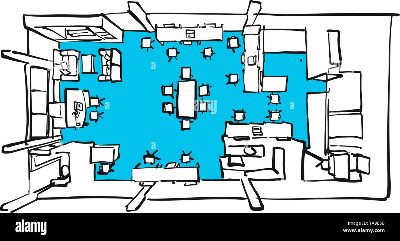 Ufficio interno vista superiore con pavimenti blu. Disegnato a mano arte vettoriale per architettura e progetti di comunicazione. Illustrazione Vettoriale
