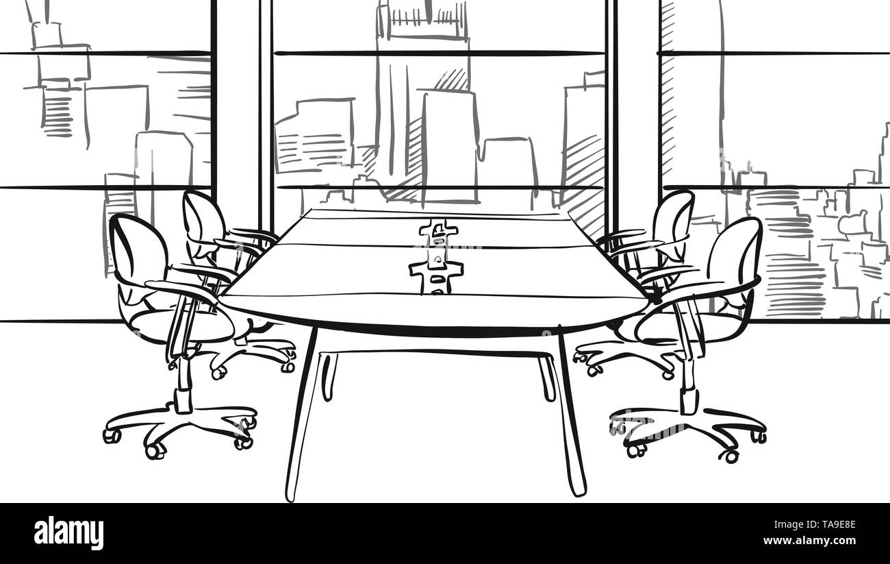 Ufficio moderno tavolo da conferenza disegno. Disegnato a mano arte vettoriale per architettura e progetti di comunicazione. Illustrazione Vettoriale