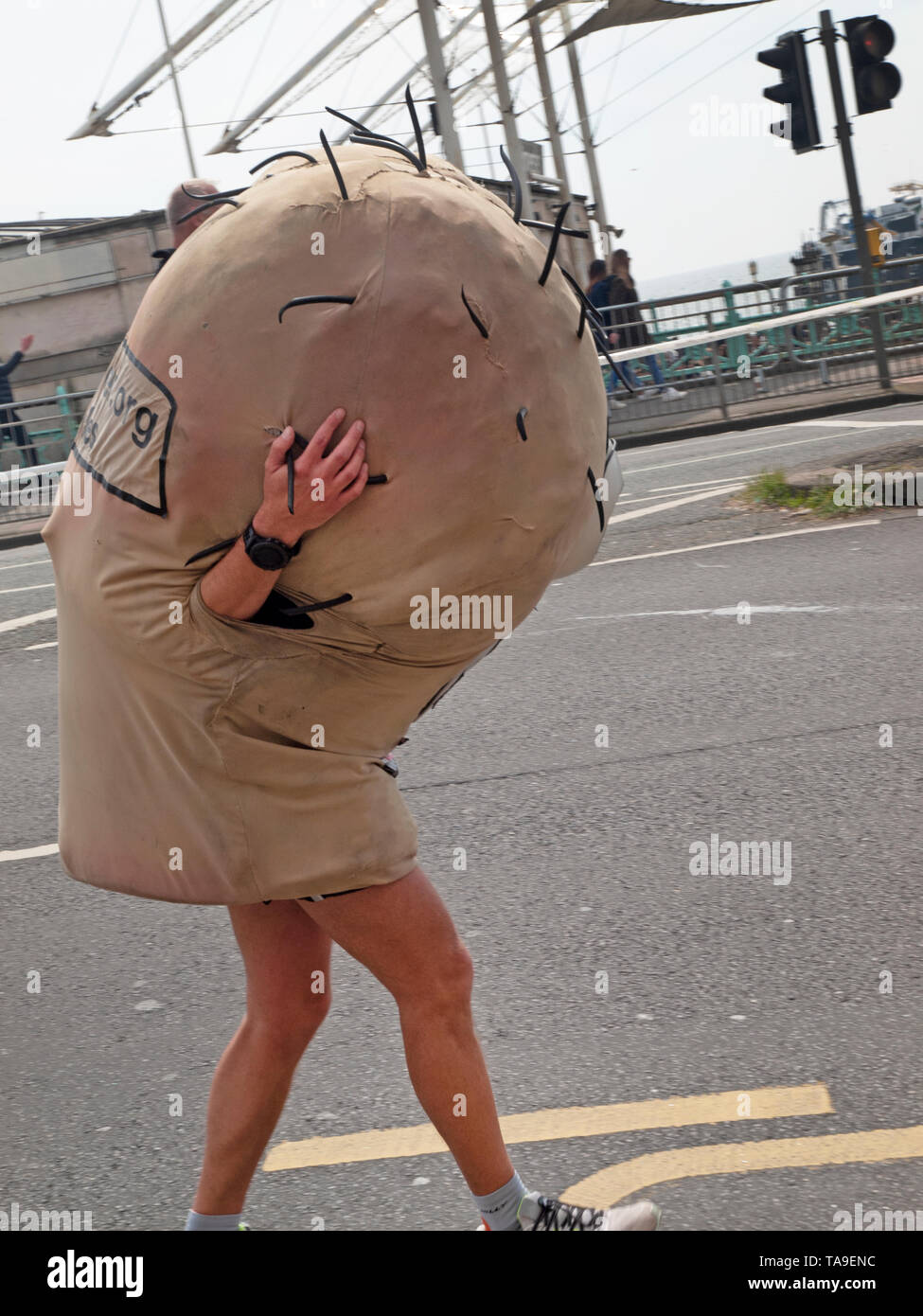 Un runner in Brighton abiti maratona come un testicolo Foto Stock
