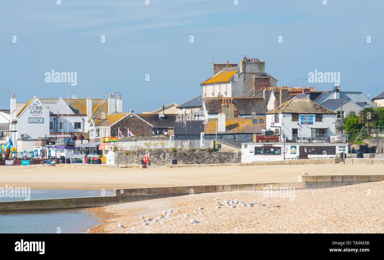 Lyme Regis, Dorset, Regno Unito. Il 23 maggio 2019. Regno Unito: Meteo una gloriosa mattina presso la pittoresca spiaggia della località balneare di Lyme Regis. Il popolare resort è calmo e tranquillo oggi in vista delle prossime vacanze di maggio. Folle di visitatori sono attesi al gregge per la famosa spiaggia di La prossima settimana a crogiolarvi nel mite clima che è stato meteo di tutta la costa sud dell'Inghilterra. Credito: Celia McMahon/Alamy Live News. Foto Stock