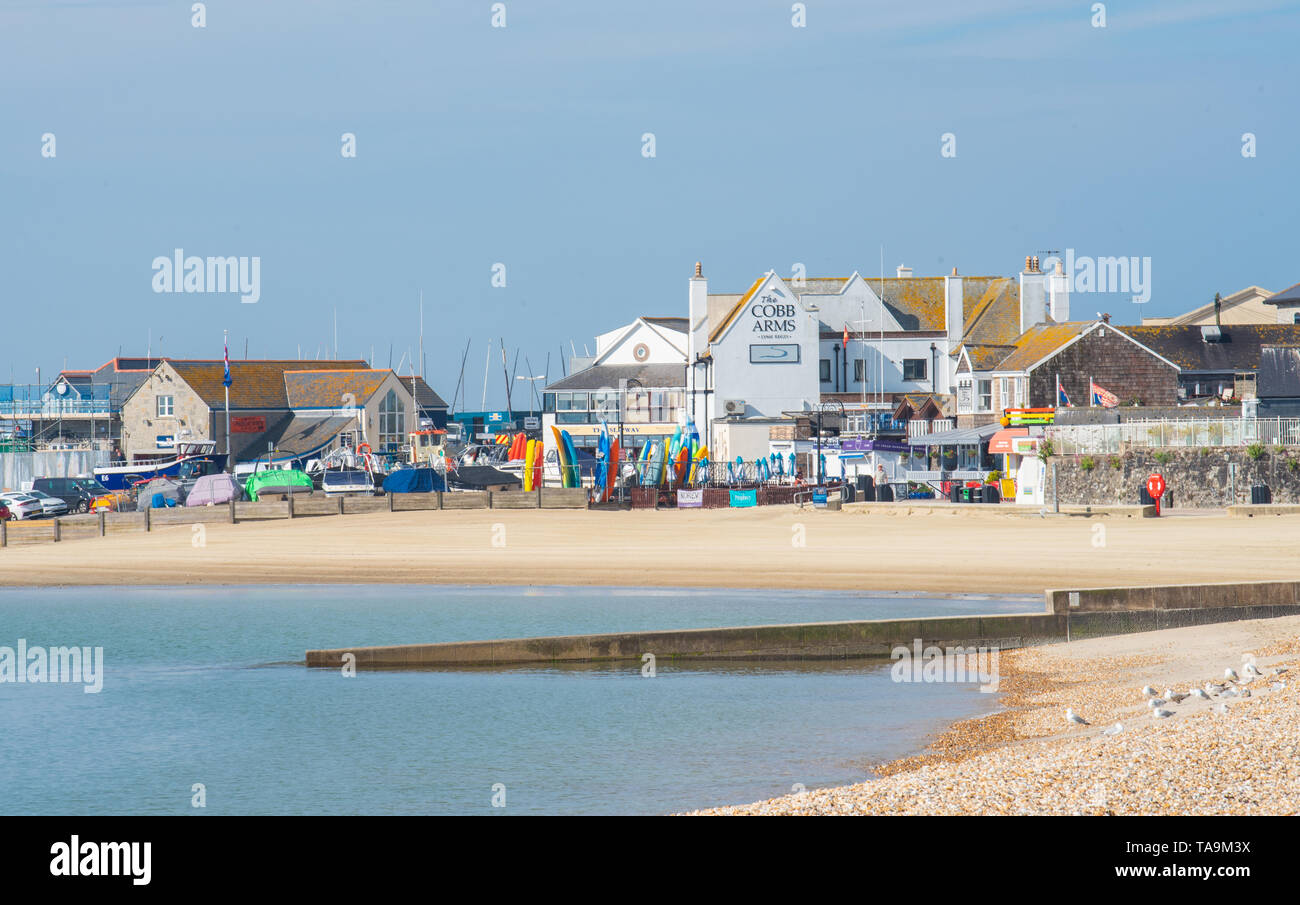 Lyme Regis, Dorset, Regno Unito. Il 23 maggio 2019. Regno Unito: Meteo una gloriosa mattina presso la pittoresca spiaggia della località balneare di Lyme Regis. Il popolare resort è calmo e tranquillo oggi in vista delle prossime vacanze di maggio. Folle di visitatori sono attesi al gregge per la famosa spiaggia di La prossima settimana a crogiolarvi nel mite clima che è stato meteo di tutta la costa sud dell'Inghilterra. Credito: Celia McMahon/Alamy Live News. Foto Stock