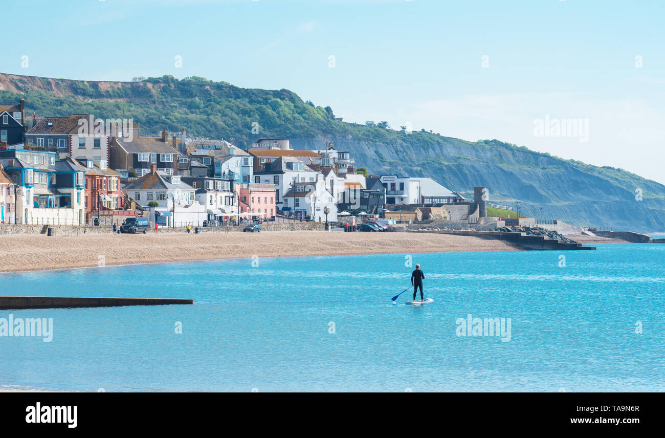 Lyme Regis, Dorset, Regno Unito. Il 23 maggio 2019. Regno Unito: Meteo una gloriosa mattina presso la pittoresca spiaggia della località balneare di Lyme Regis. Il popolare resort è calmo e tranquillo oggi in vista delle prossime vacanze di maggio. Un lone paddle boarder sfrutta le condizioni pacifiche. Folle di visitatori sono attesi al gregge per la famosa spiaggia di La prossima settimana a crogiolarvi nel mite clima che è stato meteo di tutta la costa sud dell'Inghilterra. Credito: Celia McMahon/Alamy Live News. Foto Stock