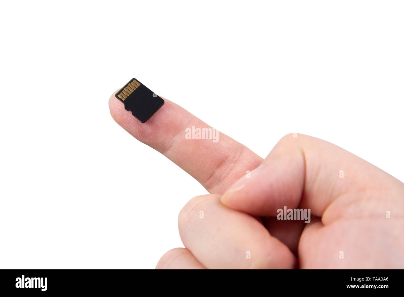 Mano con scheda Micro SD isolati su sfondo bianco Foto Stock
